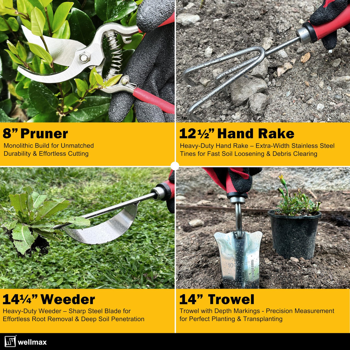 Wellmax Garden Tools Set of 12 with Gardening Gloves, Pruning Shear and 7 Piece Stainless Steel Hand Digging Tool Heavy Duty kit