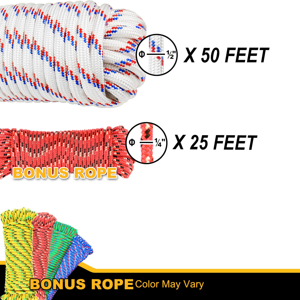 Wellmax Diamond Braid Nylon Rope, 1/2 in X 50 Foot with UV Protection and Weather Resistance, Red and White