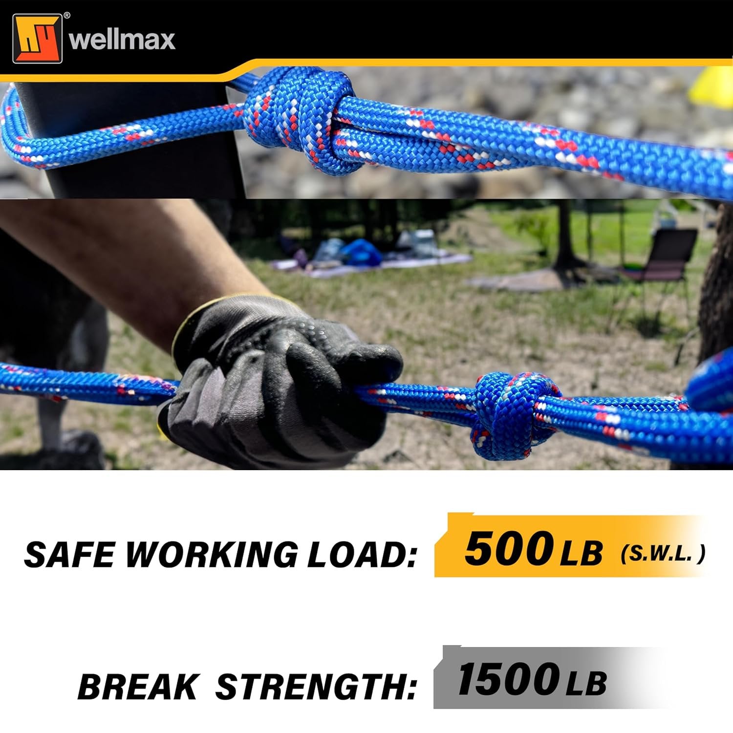 Wellmax Diamond Braid Nylon Rope – Extra Thick All Purpose Braided Flag Line Utility Line with Shock Absorption – UV Resistant, High Strength & Weather Resistant - 3/8" X 50FT