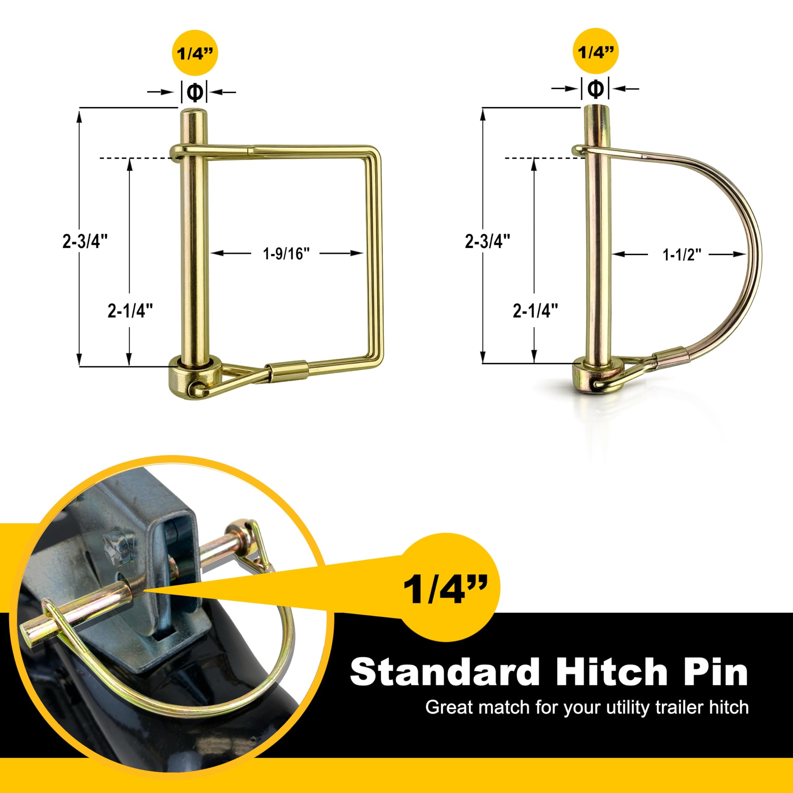 Wellmax 12-Pack Trailer Hitch Pin Assortment, 1/4" and 5/16" Diameter, Square and Arch Wire Lock Pins, Zinc-Plated Carbon Steel Safety Pins for PTO, Farm, Mower, and Boat Trailer Couplers