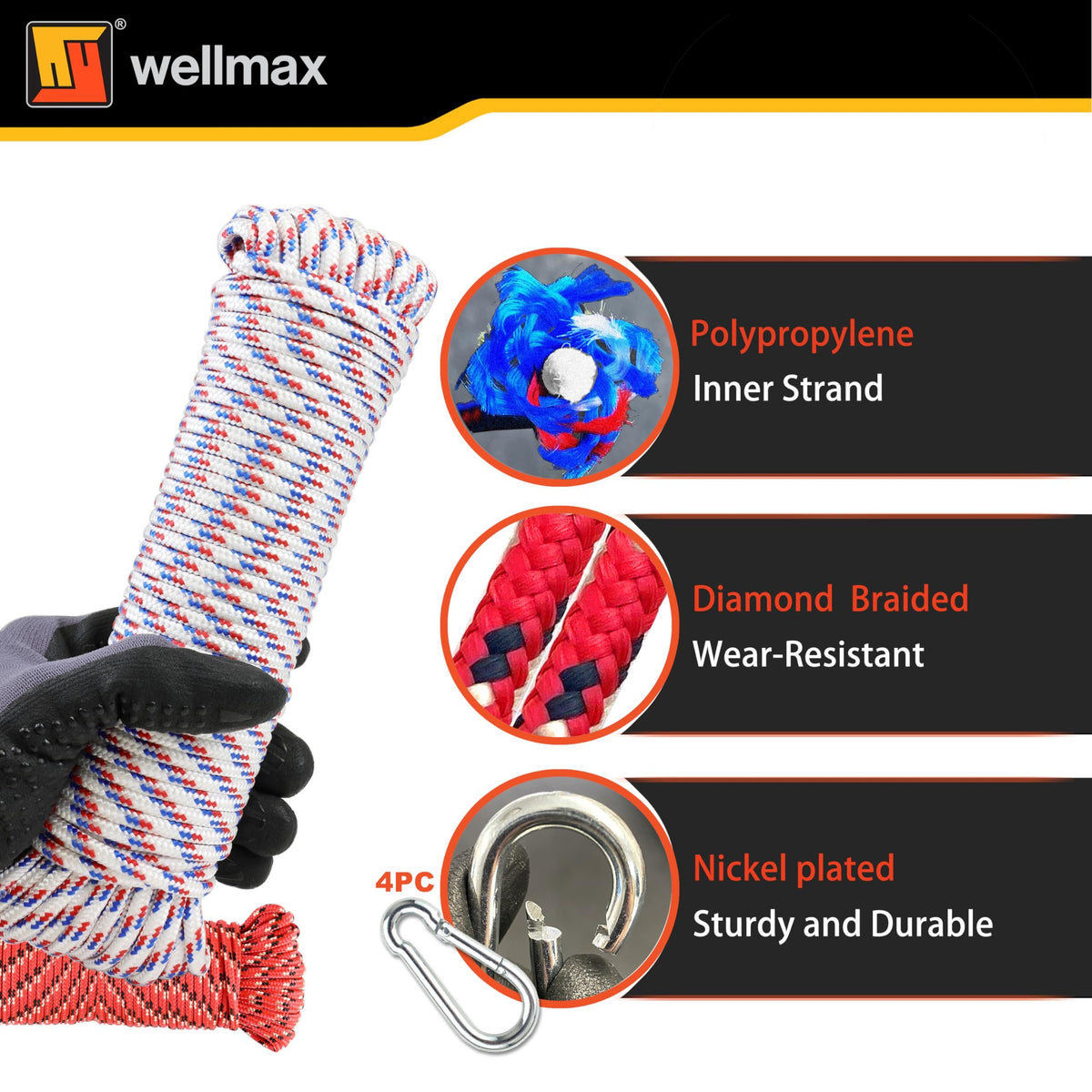 Wellmax Diamond Braided Polypropylene Rope with UV Treatment and Weather Resistant, 4 Pack 3/16 inch x 50ft Multi-Color and 8 Bonus Spring Links