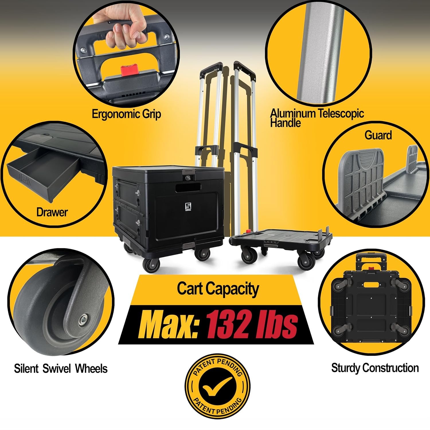 Wellmax WM99800BK Rolling Crate Cart with Wheels, Foldable Utility Cart for Teachers, Shopping, Office | Silent Wheels, Aluminum Handle, 132 lbs Capacity – Black
