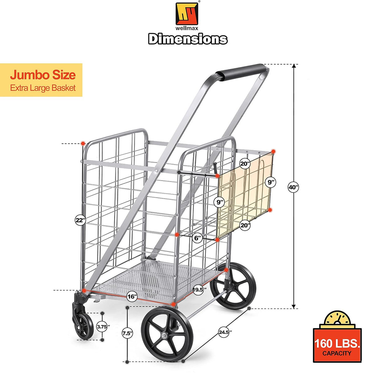Wellmax Shopping Cart with Wheels, Metal Grocery Cart with Wheels, Shopping Carts For Groceries, Folding Cart For Convenient Storage And Holds Up To 160lbs, Dual Swivel Wheels and Extra Basket, Silver