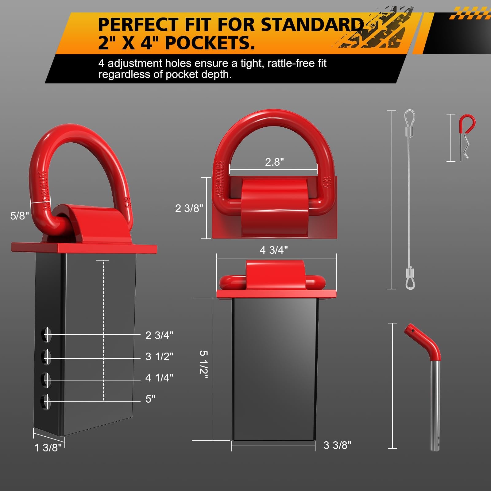Wellmax 4-Pack Stake Pocket D Rings - Heavy Duty 5/8" Trailer Tie Down Anchors for Utility & Flatbed Trailers - 18,000 LBS Break Strength Removable D Ring with Hitch Pins & Anti-Loss Wire