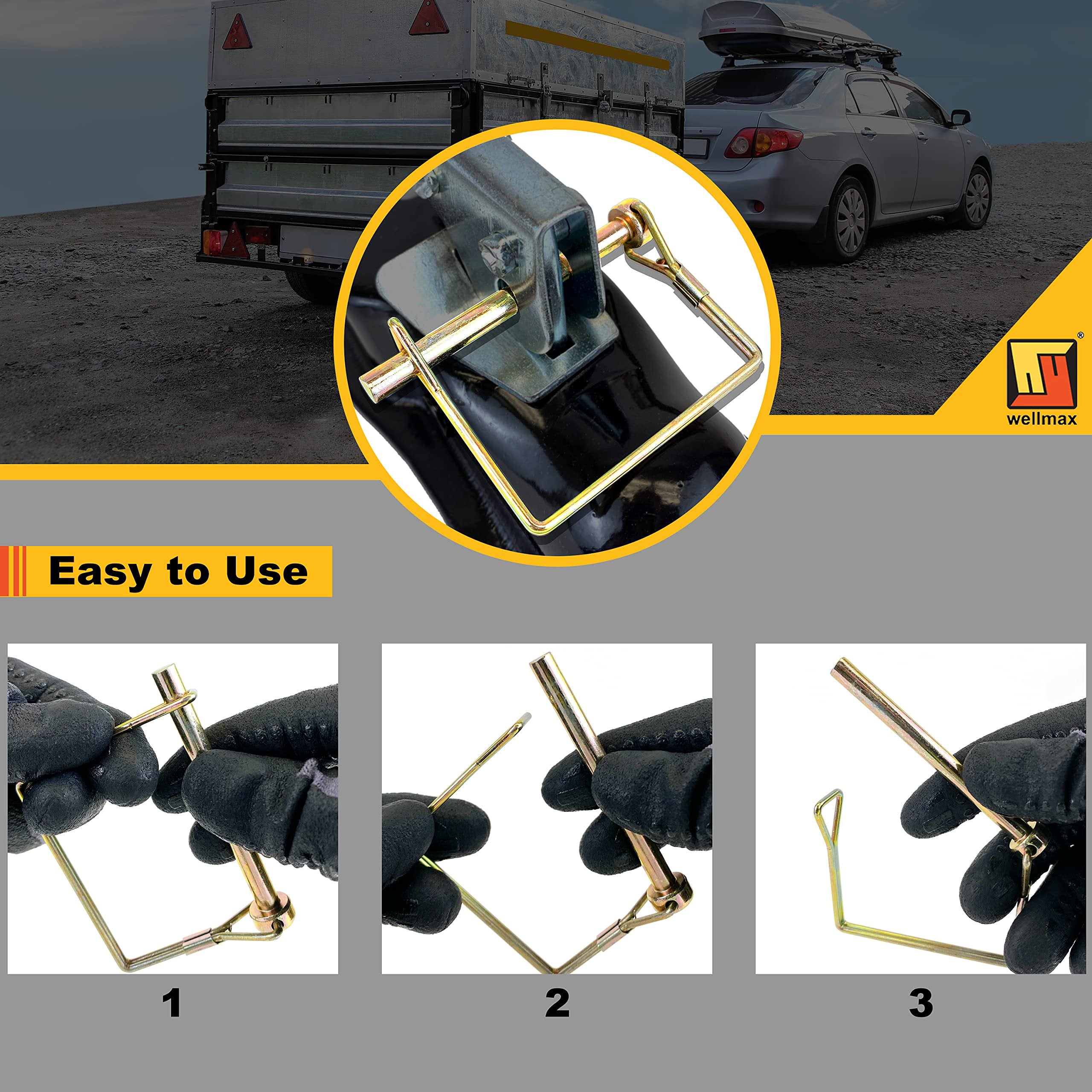 Wellmax 12-Pack Trailer Hitch Pin Assortment, 1/4" and 5/16" Diameter, Square and Arch Wire Lock Pins, Zinc-Plated Carbon Steel Safety Pins for PTO, Farm, Mower, and Boat Trailer Couplers