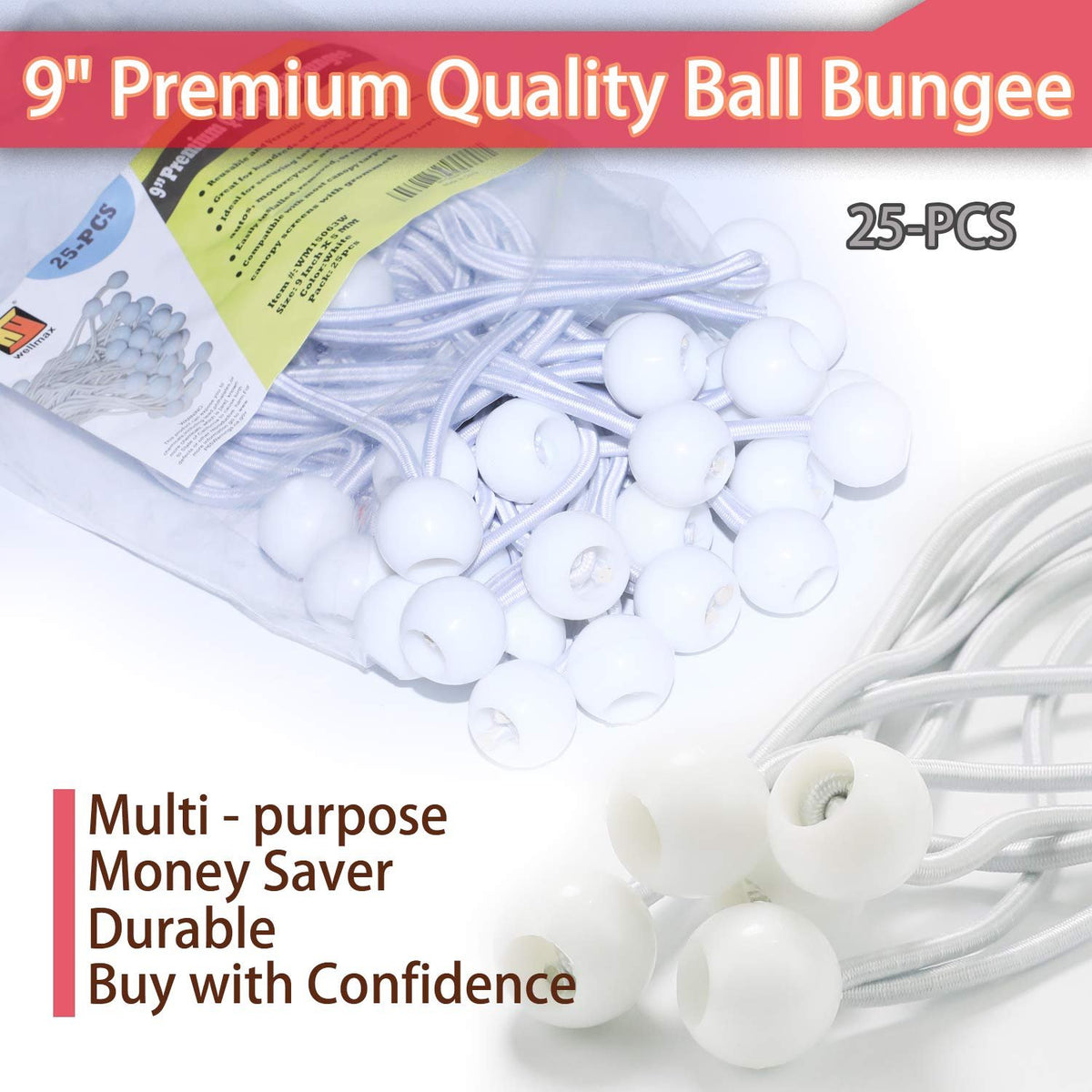 9 Inch Black 25PC 6 inch 50 Piece Heavy Duty 5mm Ball Bungee Canopy Cord By Wellmax, White Color