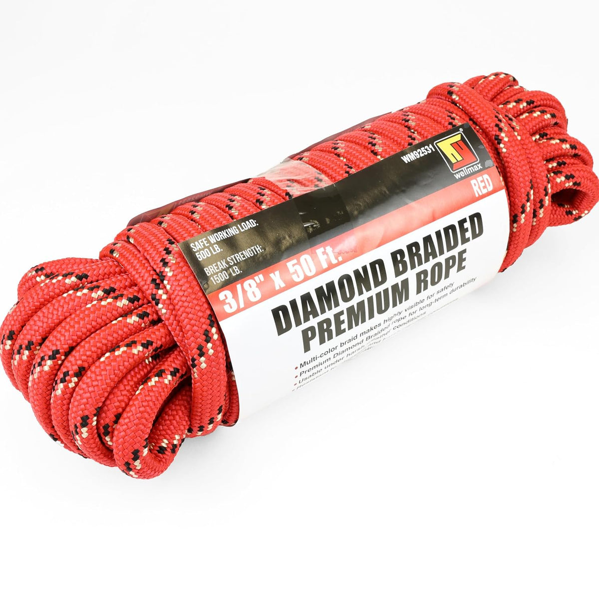 Wellmax Diamond Braid Nylon Rope – Extra Thick All Purpose Braided Flag Line Utility Line with Shock Absorption – UV Resistant, High Strength & Weather Resistant - 3/8" X 50FT