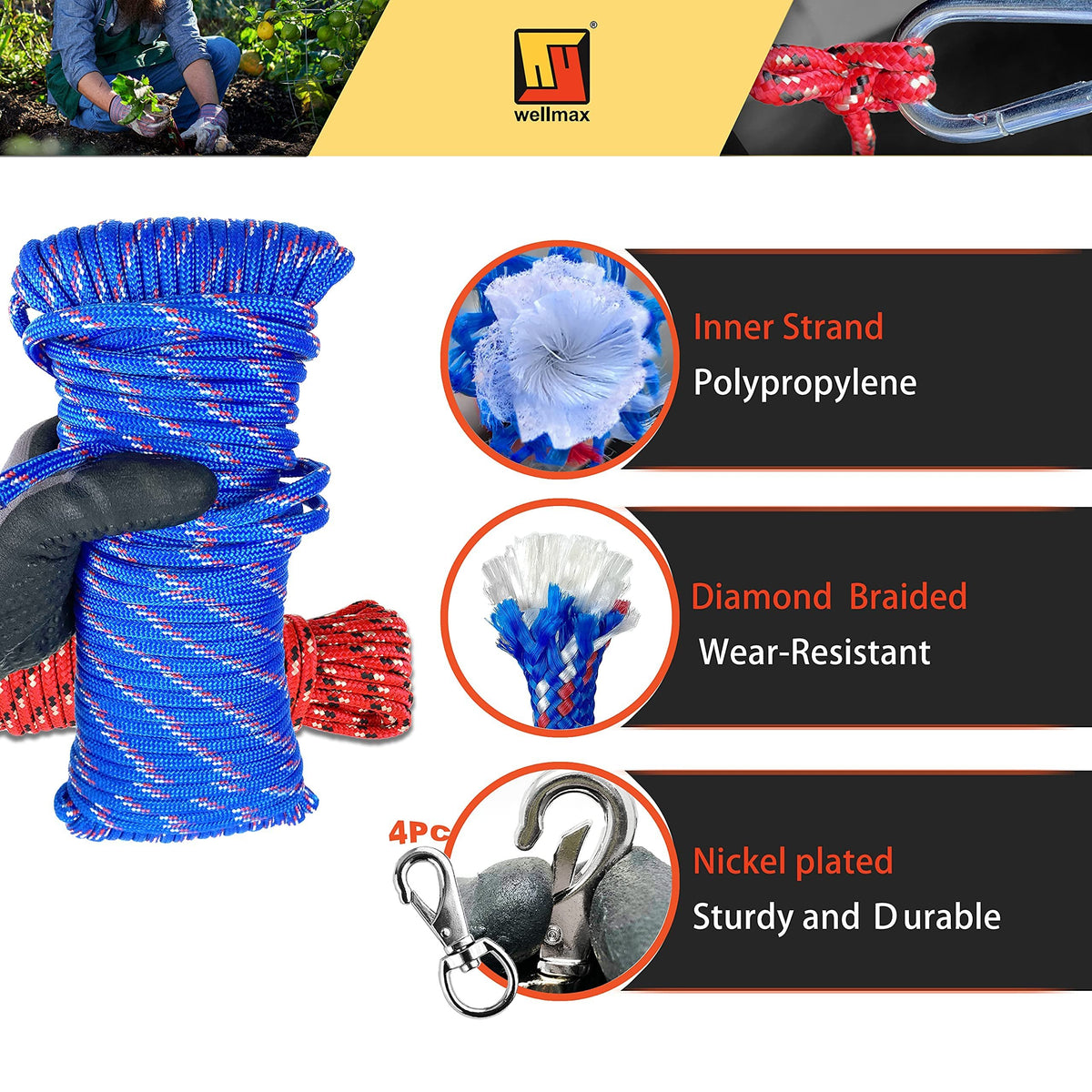 Wellmax Diamond Braided Polypropylene Rope with UV Treatment and Weather Resistant, 4 Pack 3/16 inch x 50ft Multi-Color