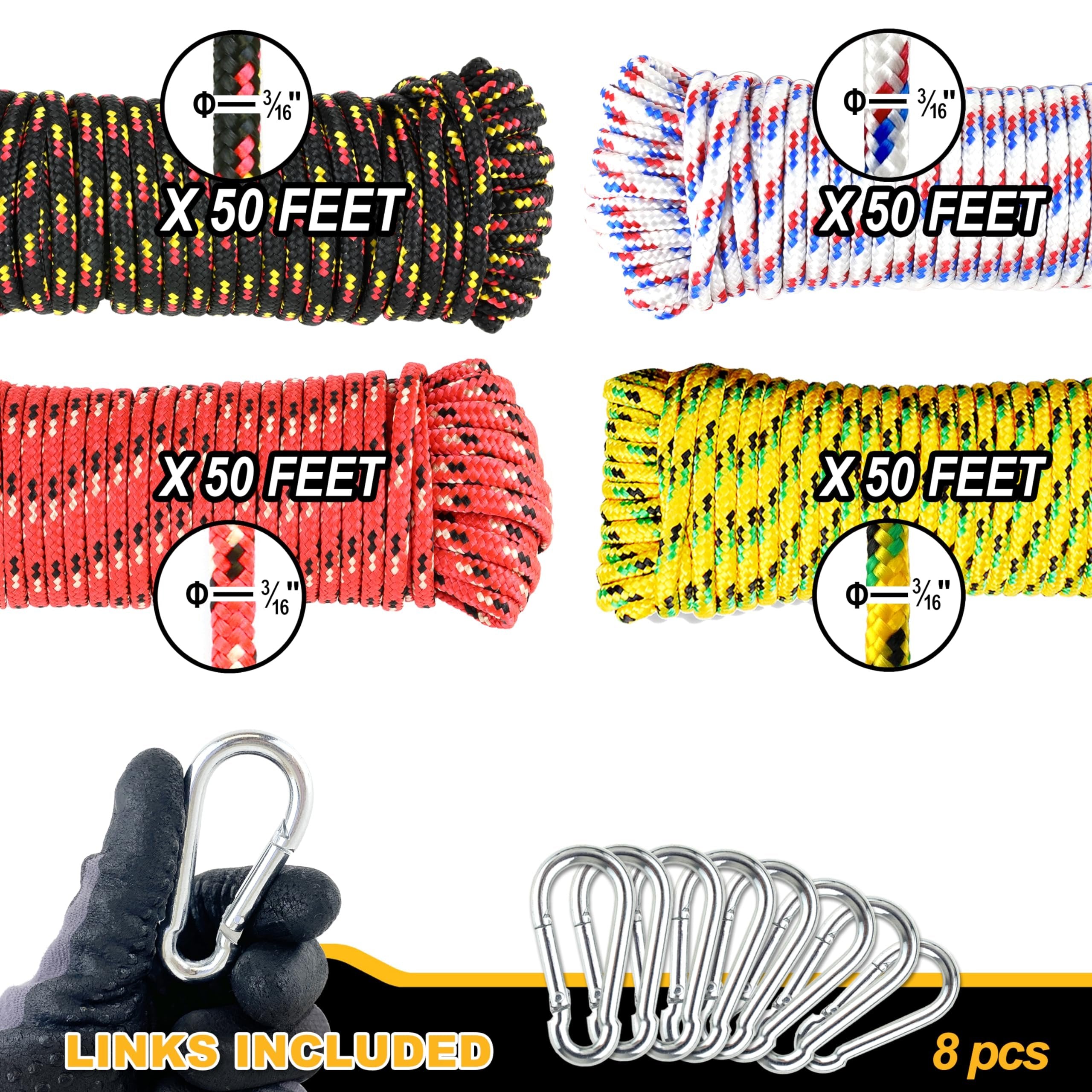 Wellmax 4 Pack 3/16" x 50ft Diamond Braided Polypropylene Rope with UV Treatment and Weather Resistant, Assorted Color