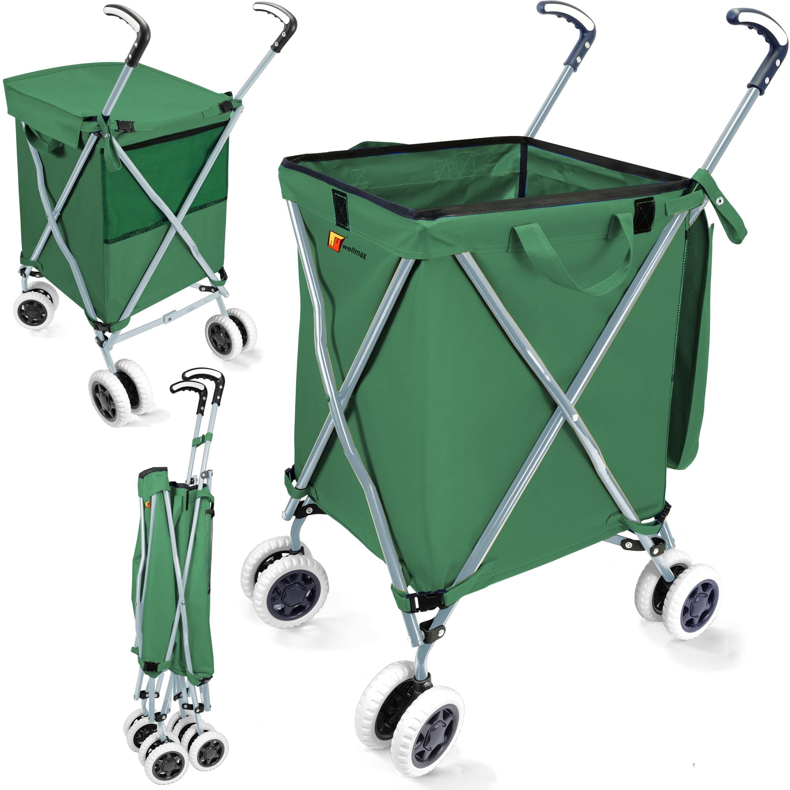 Wellmax WM99100 Series Folding Shopping Cart with Wheels, Grocery Cart with Removable Canvas with Cover, Lightweight Utility Cart for Groceries and Laundry - Holds up to 120 lbs (Orange)