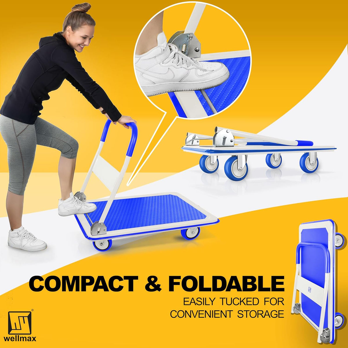 Push Cart Dolly by Wellmax, Moving Platform Hand Truck, Foldable for Easy Storage and 360 Degree Swivel Wheels with 660lb Weight Capacity, Yellow Color