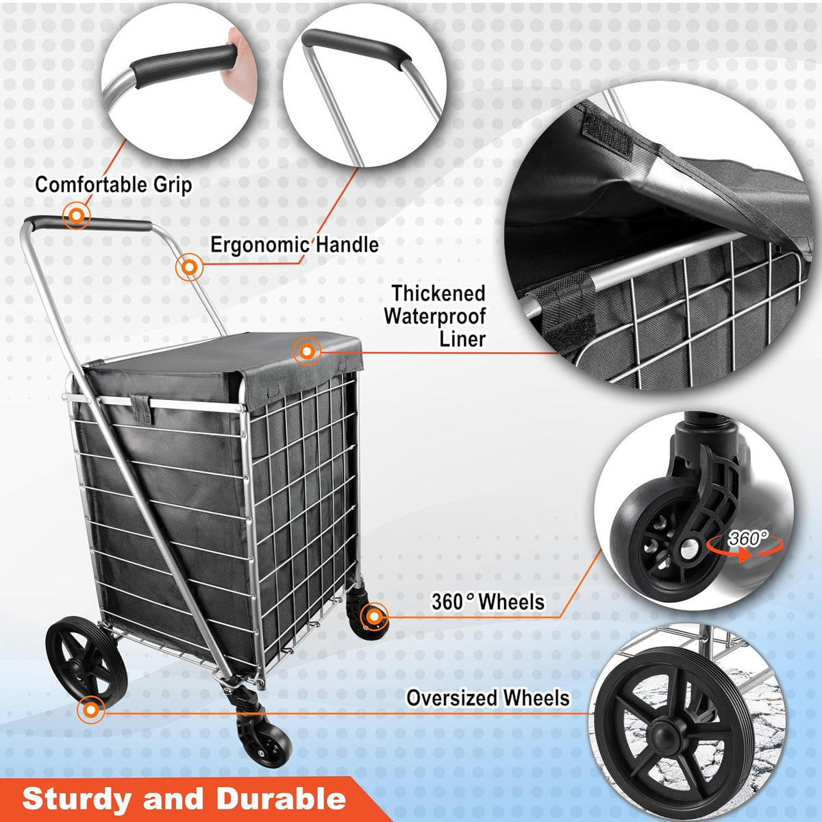 Wellmax WM99024S Grocery Utility Shopping Cart, Easily Collapsible and Portable to Save Space and Heavy Duty, Light Weight Trolley with Rolling Swivel Wheels