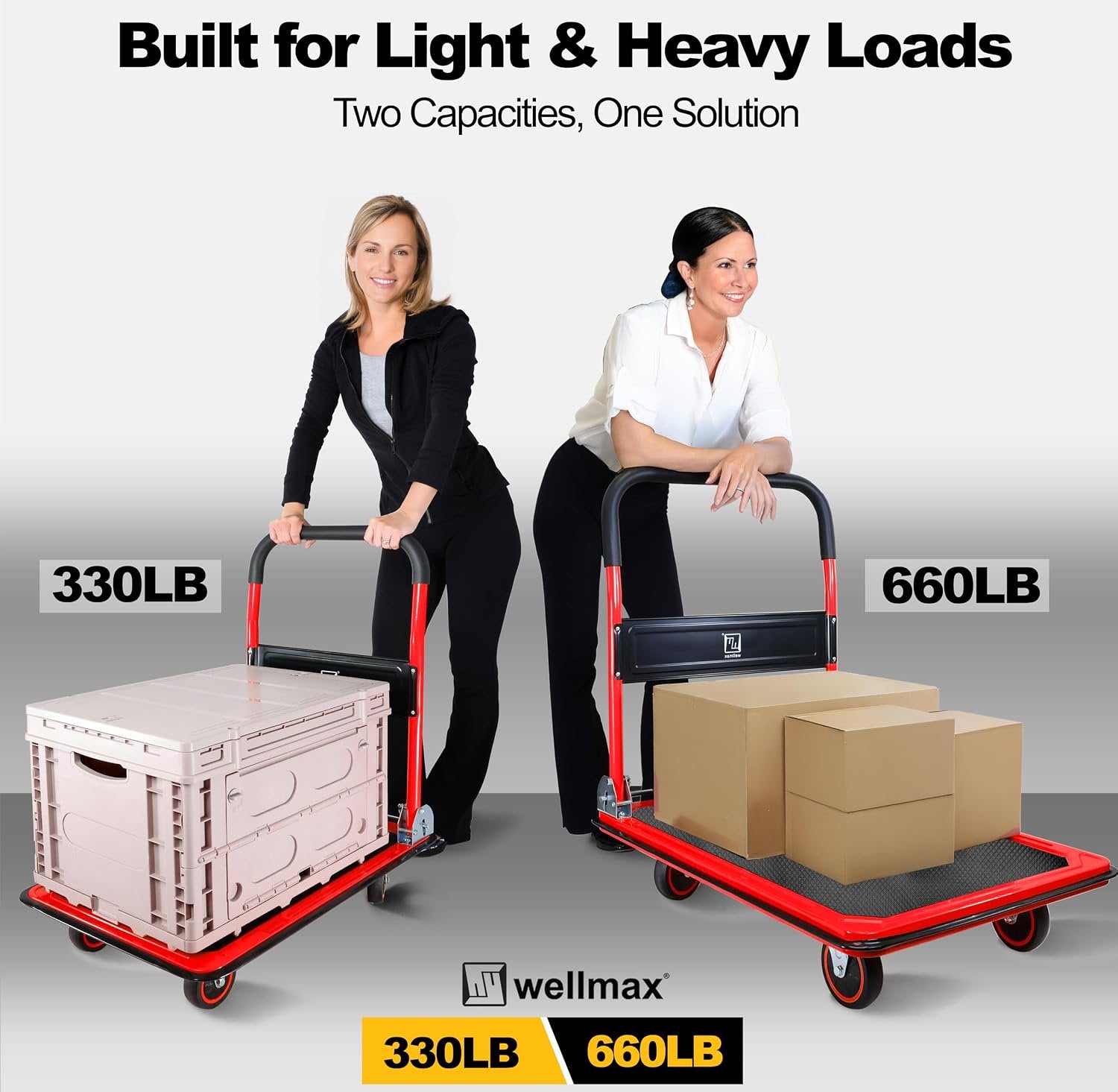 Push Cart Dolly by Wellmax, Moving Platform Hand Truck, Foldable for Easy Storage and 360 Degree Swivel Wheels with 660lb Weight Capacity, Yellow Color