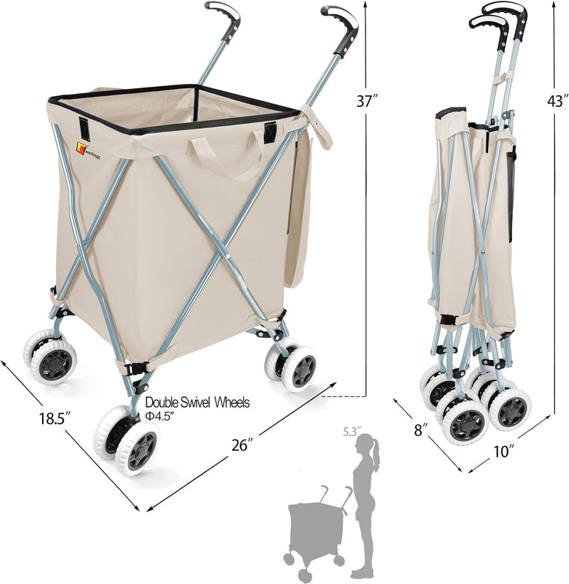 Wellmax WM99100 Series Folding Shopping Cart with Wheels, Grocery Cart with Removable Canvas with Cover, Lightweight Utility Cart for Groceries and Laundry - Holds up to 120 lbs