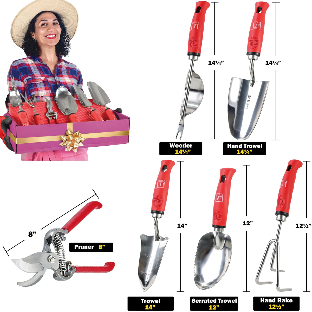 Wellmax Garden Tools Set of 12 with Gardening Gloves, Pruning Shear and 7 Piece Stainless Steel Hand Digging Tool Heavy Duty kit
