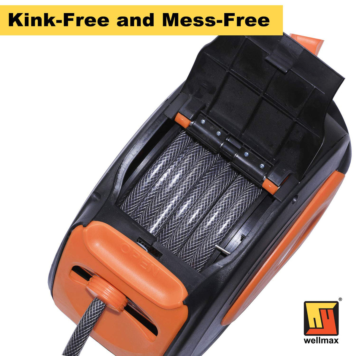 Wellmax Retractable Water Hose Reel with Wall Mount, Flexible Garden Hoses Expandable Up to 65ft + 7ft Hose Connector, Kink Free and Convenient Storage