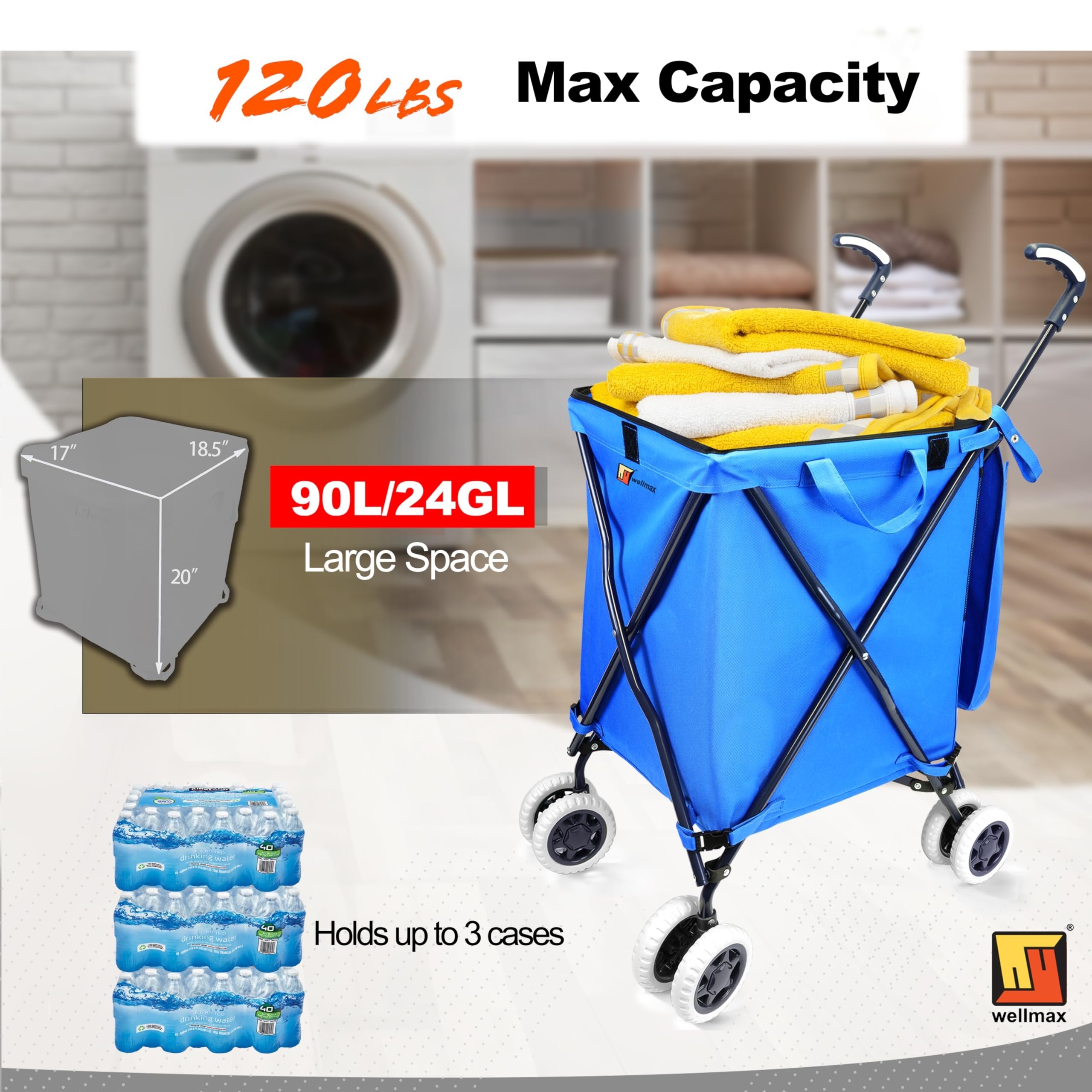 Wellmax WM99100 Series Folding Shopping Cart with Wheels, Grocery Cart with Removable Canvas with Cover, Lightweight Utility Cart for Groceries and Laundry - Holds up to 120 lbs (Orange)