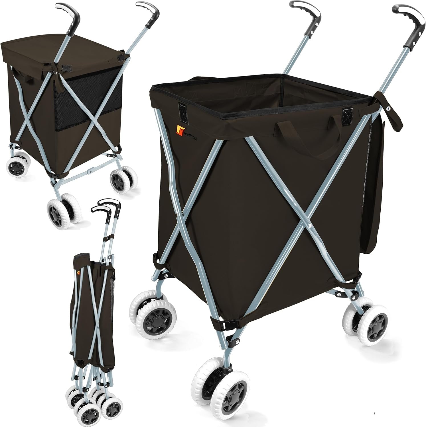 Wellmax WM99100 Series Folding Shopping Cart with Wheels, Grocery Cart with Removable Canvas with Cover, Lightweight Utility Cart for Groceries and Laundry - Holds up to 120 lbs