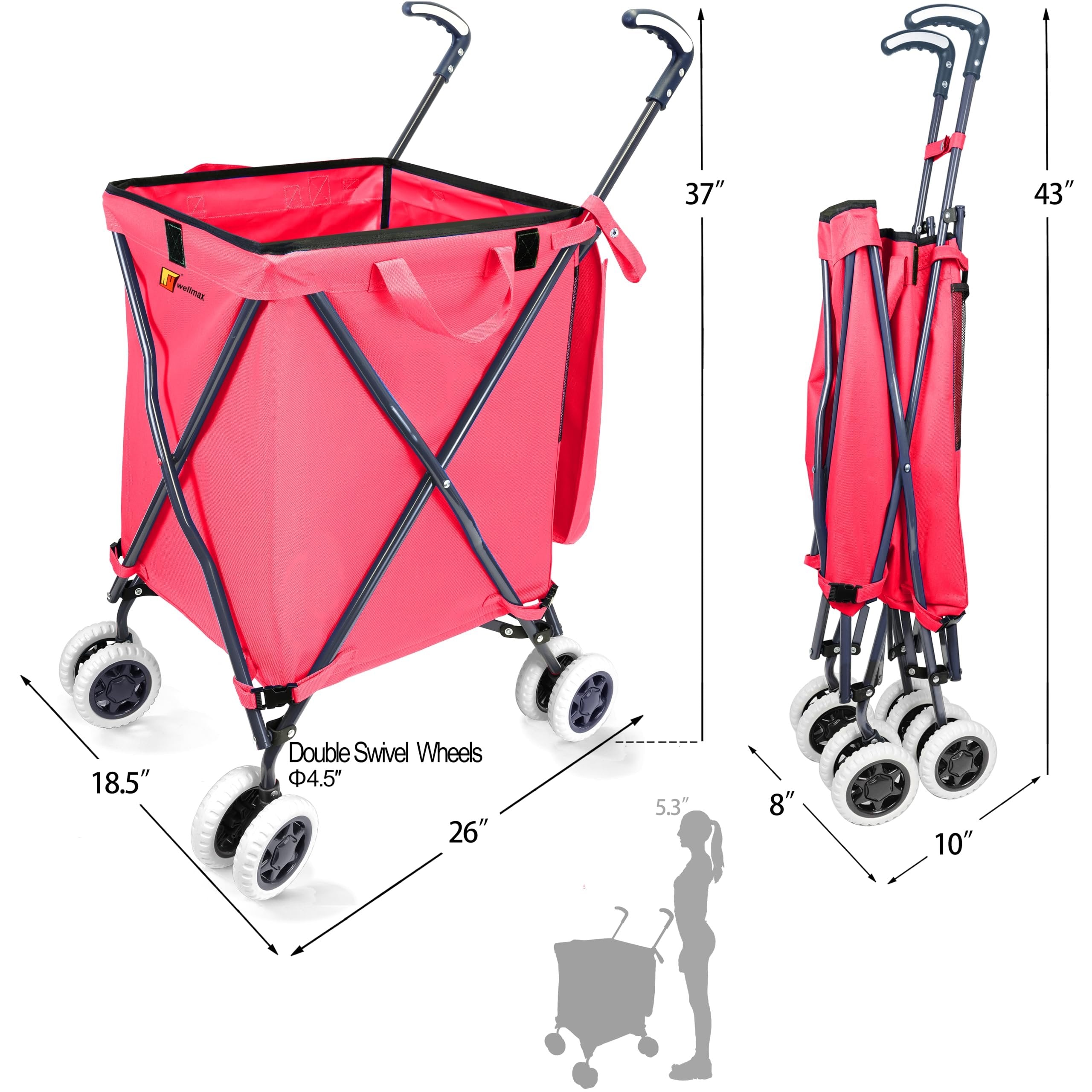 Wellmax WM99100 Series Folding Shopping Cart with Wheels, Grocery Cart with Removable Canvas with Cover, Lightweight Utility Cart for Groceries and Laundry - Holds up to 120 lbs (Orange)