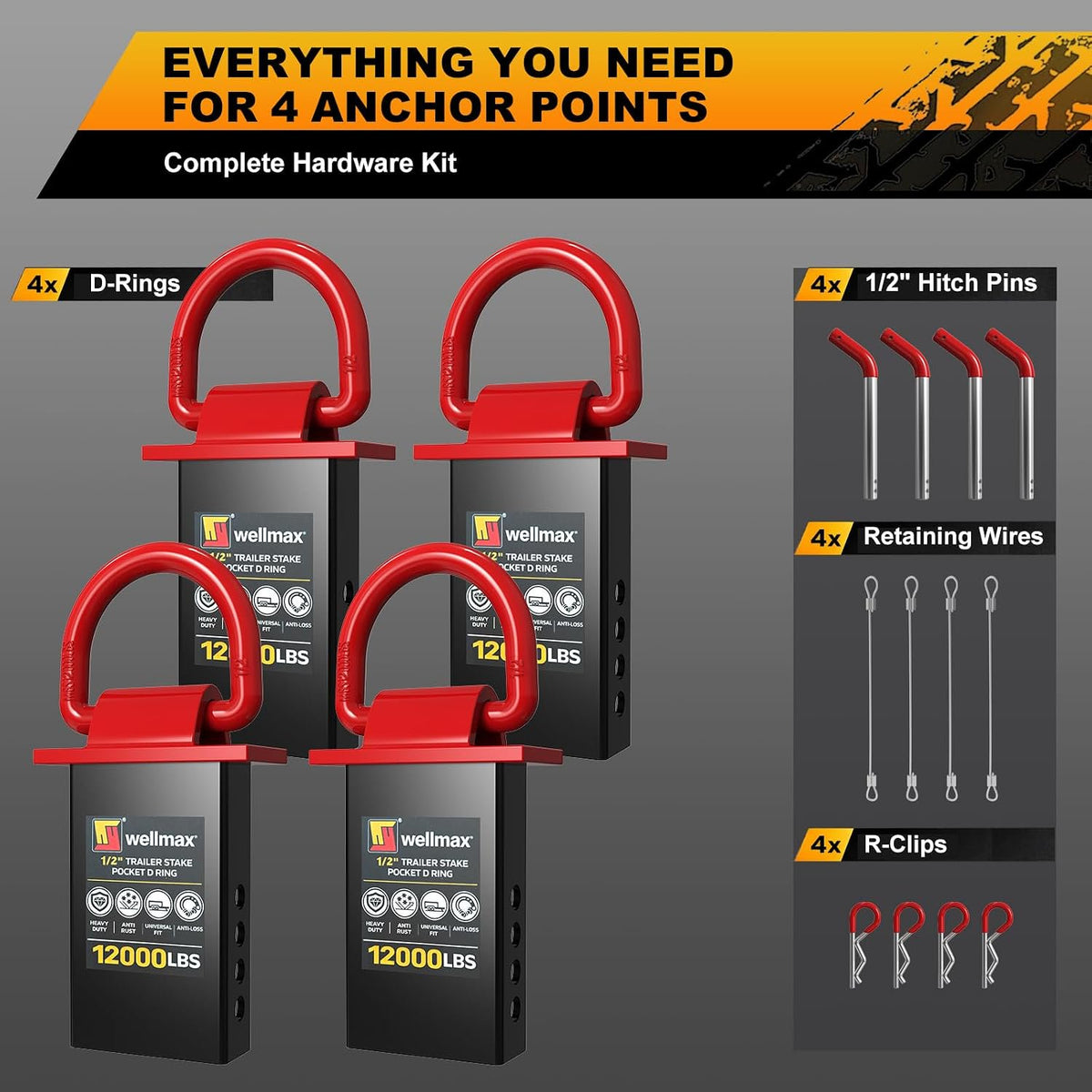 Wellmax 4-Pack Stake Pocket D Rings - Heavy Duty 1/2" Trailer Tie Down Anchors for Utility & Flatbed Trailers - 12,000 LBS Break Strength Removable D Ring with Hitch Pins & Anti-Loss Wire