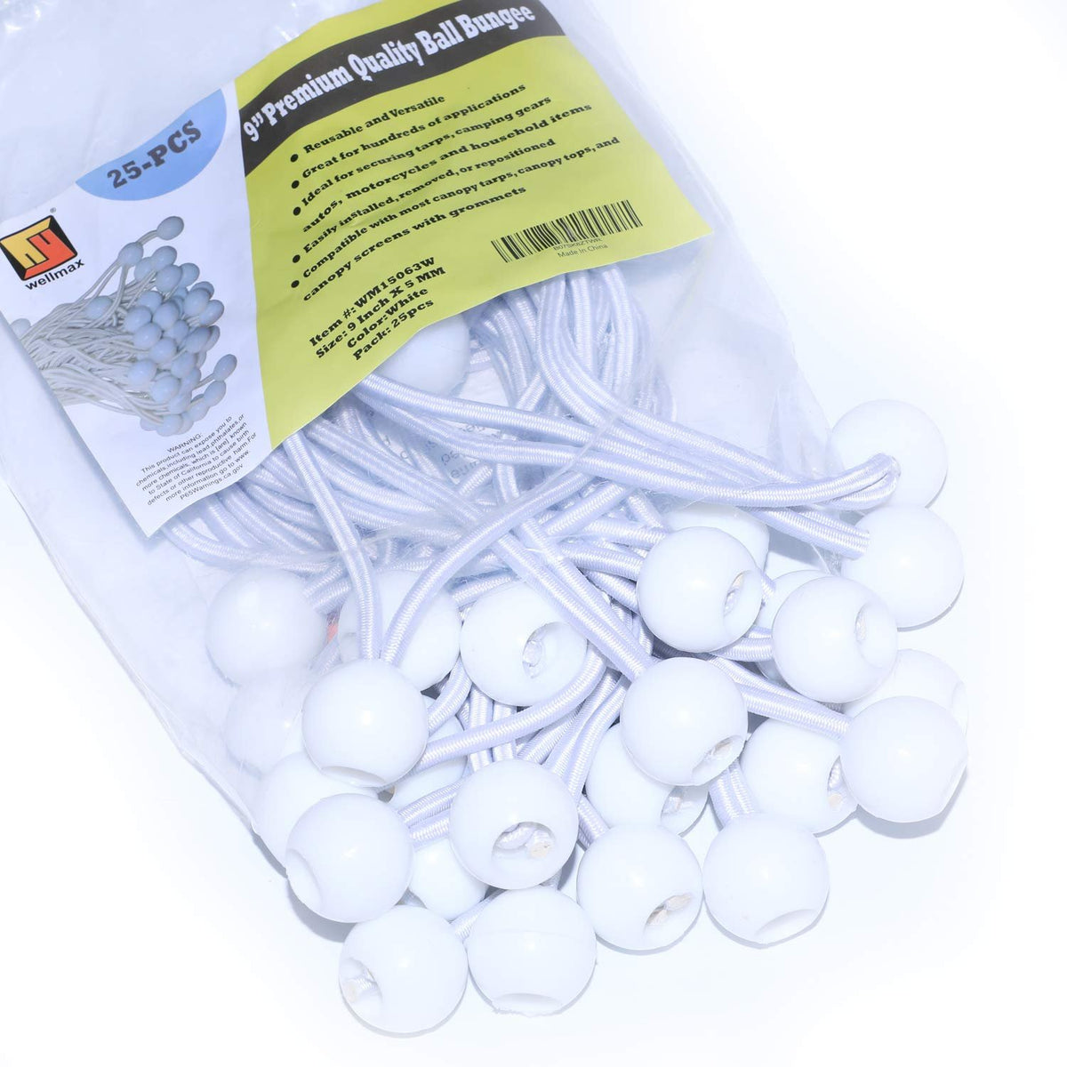 9 Inch Black 25PC 6 inch 50 Piece Heavy Duty 5mm Ball Bungee Canopy Cord By Wellmax, White Color