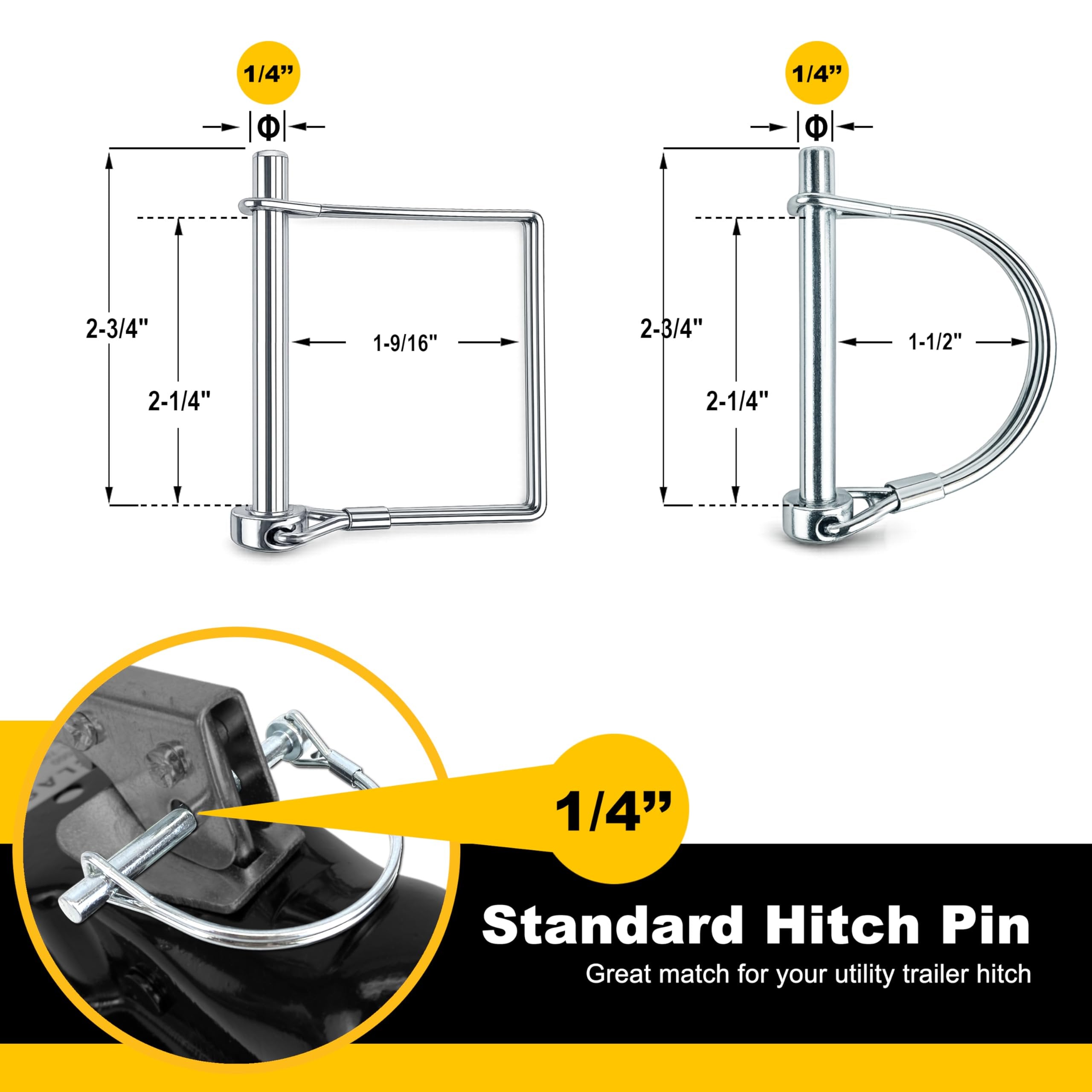 Wellmax 12-Pack Trailer Hitch Pin Assortment, 1/4" and 5/16" Diameter, Square and Arch Wire Lock Pins, Zinc-Plated Carbon Steel Safety Pins for PTO, Farm, Mower, and Boat Trailer Couplers