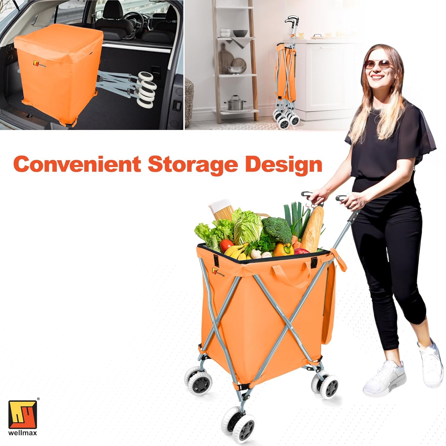 Wellmax WM99100 Series Folding Shopping Cart with Wheels, Grocery Cart with Removable Canvas with Cover, Lightweight Utility Cart for Groceries and Laundry - Holds up to 120 lbs (Orange)