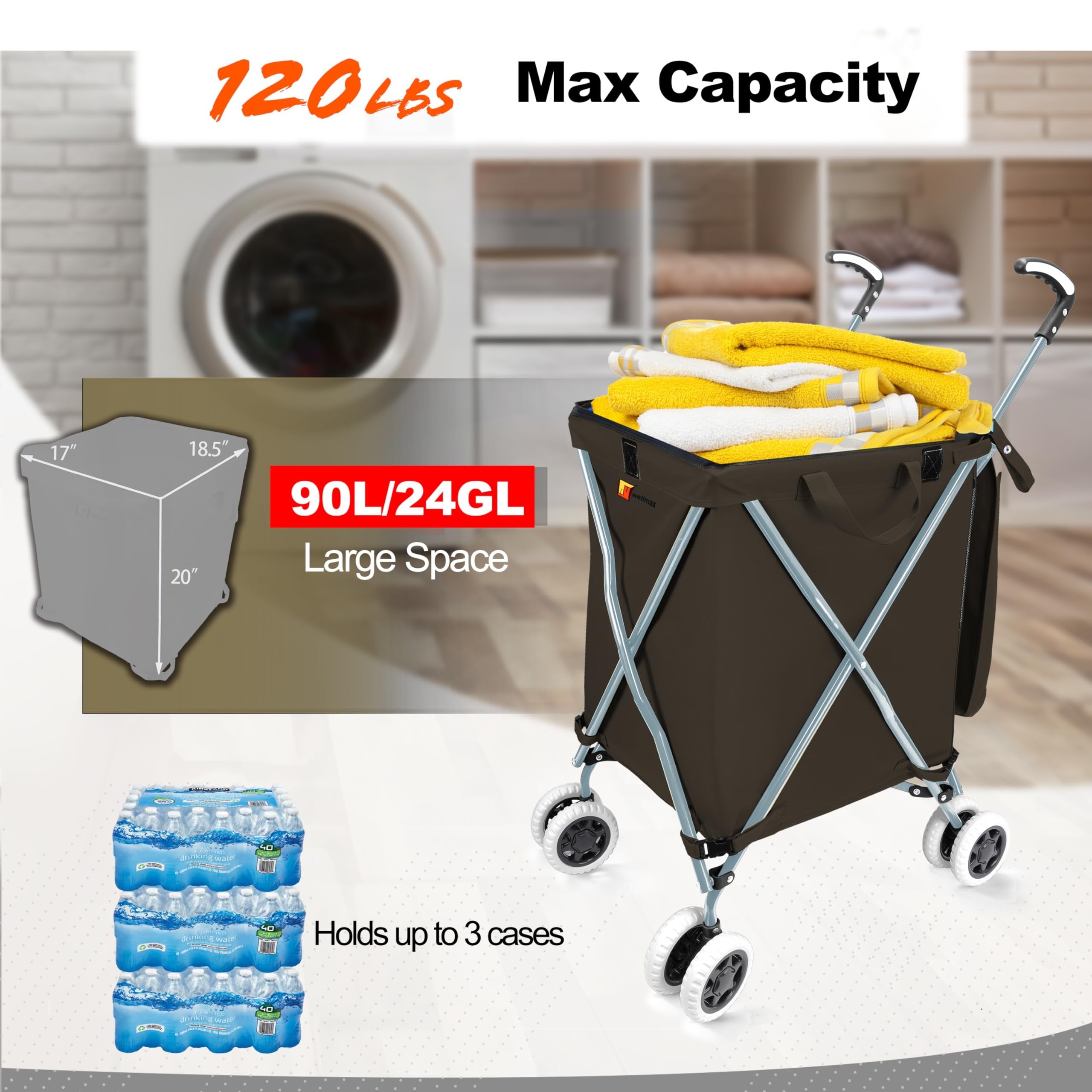 Wellmax WM99100 Series Folding Shopping Cart with Wheels, Grocery Cart with Removable Canvas with Cover, Lightweight Utility Cart for Groceries and Laundry - Holds up to 120 lbs (Orange)