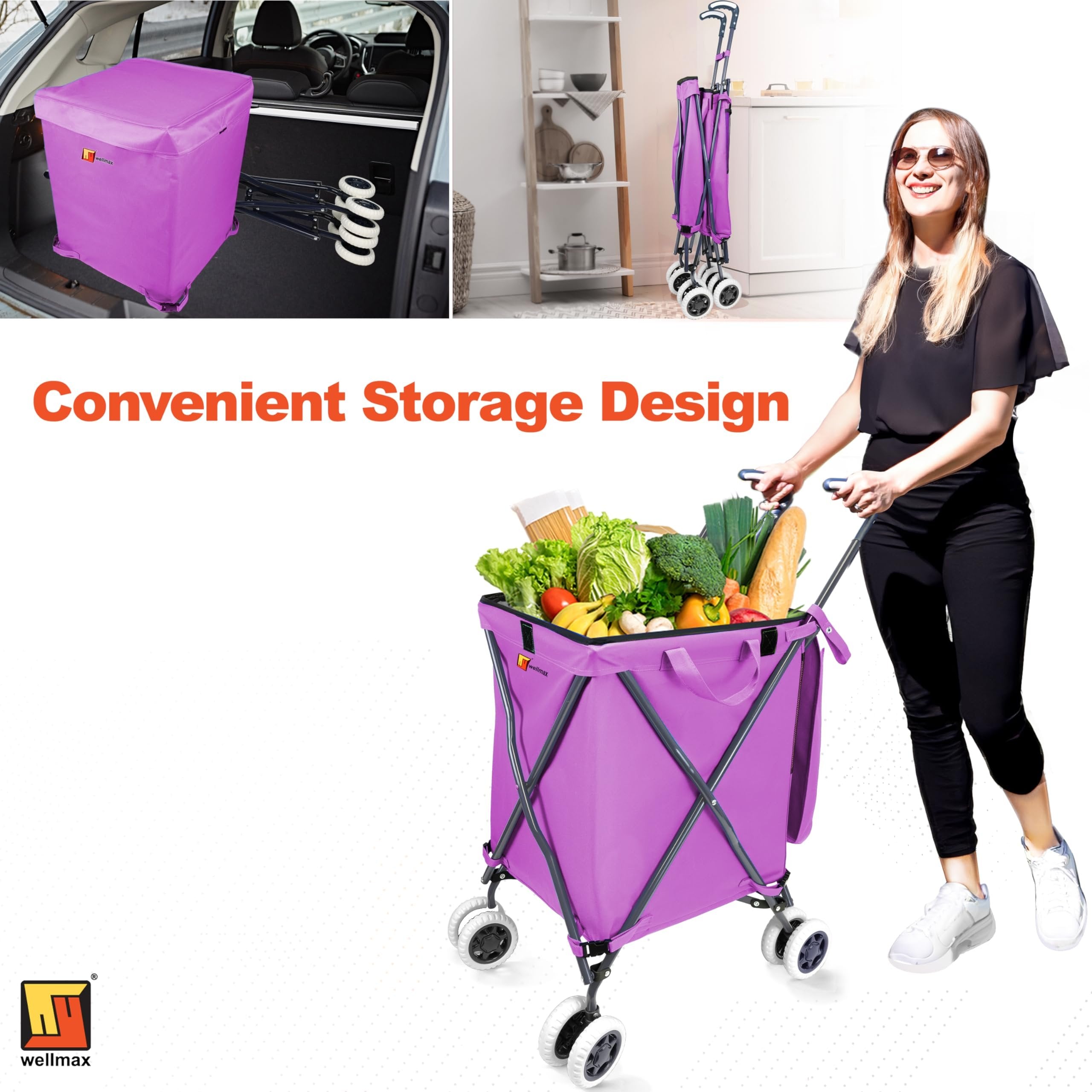 Wellmax WM99100 Series Folding Shopping Cart with Wheels, Grocery Cart with Removable Canvas with Cover, Lightweight Utility Cart for Groceries and Laundry - Holds up to 120 lbs (Orange)