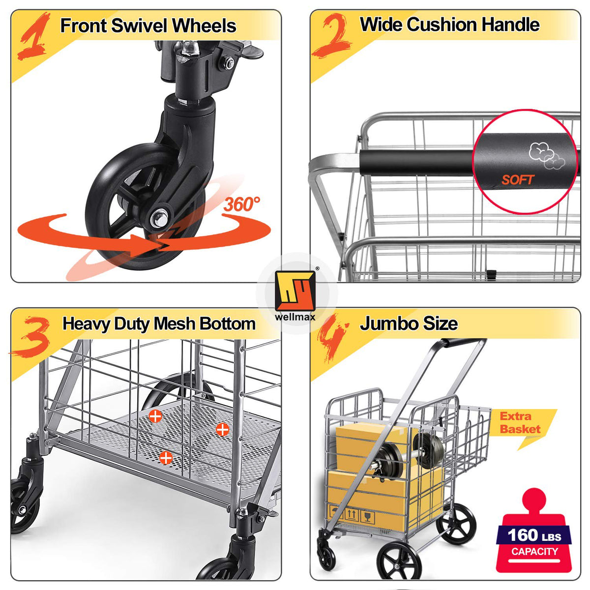 Wellmax Shopping Cart with Wheels, Metal Grocery Cart with Wheels, Shopping Carts For Groceries, Folding Cart For Convenient Storage And Holds Up To 160lbs, Dual Swivel Wheels and Extra Basket, Silver