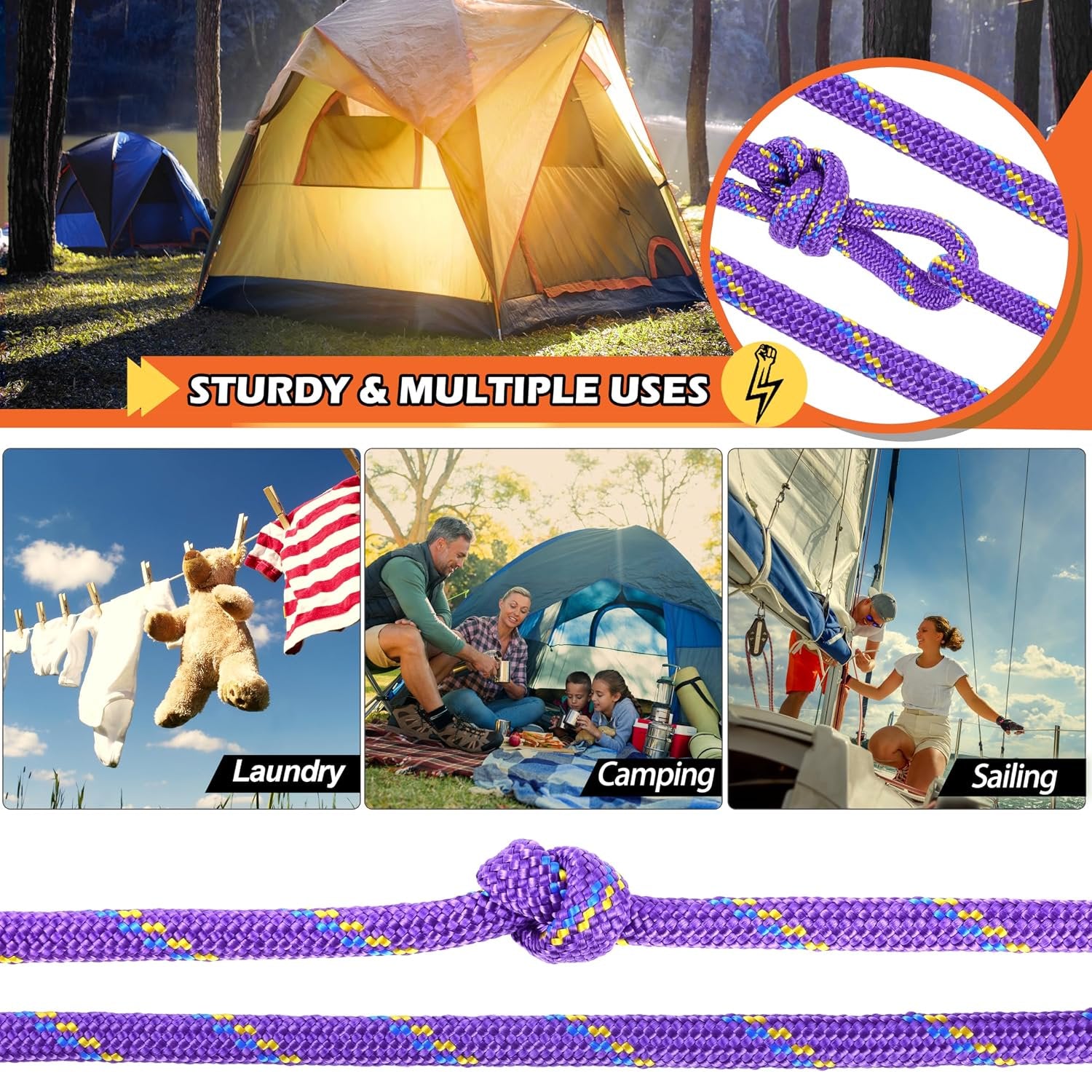 Wellmax Diamond Braid Nylon Rope – Extra Thick All Purpose Braided Flag Line Utility Line with Shock Absorption – UV Resistant, High Strength & Weather Resistant - 3/8" X 50FT