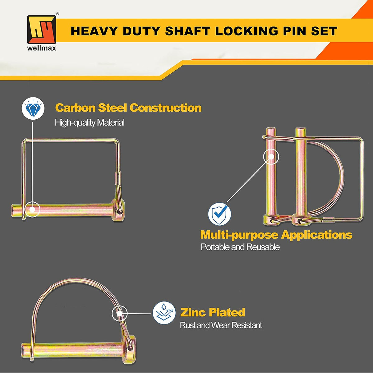 Wellmax 20 Pcs Shaft Locking Pin in 1/4", 5/16" and 3/8" Diameter Zinc-Plated Heavy Duty Safety Pins, Trailer Hitch Pin for Trailer Lock and Hitch Pin Lock for Farm Lawn Garden Wagons, Gold Color