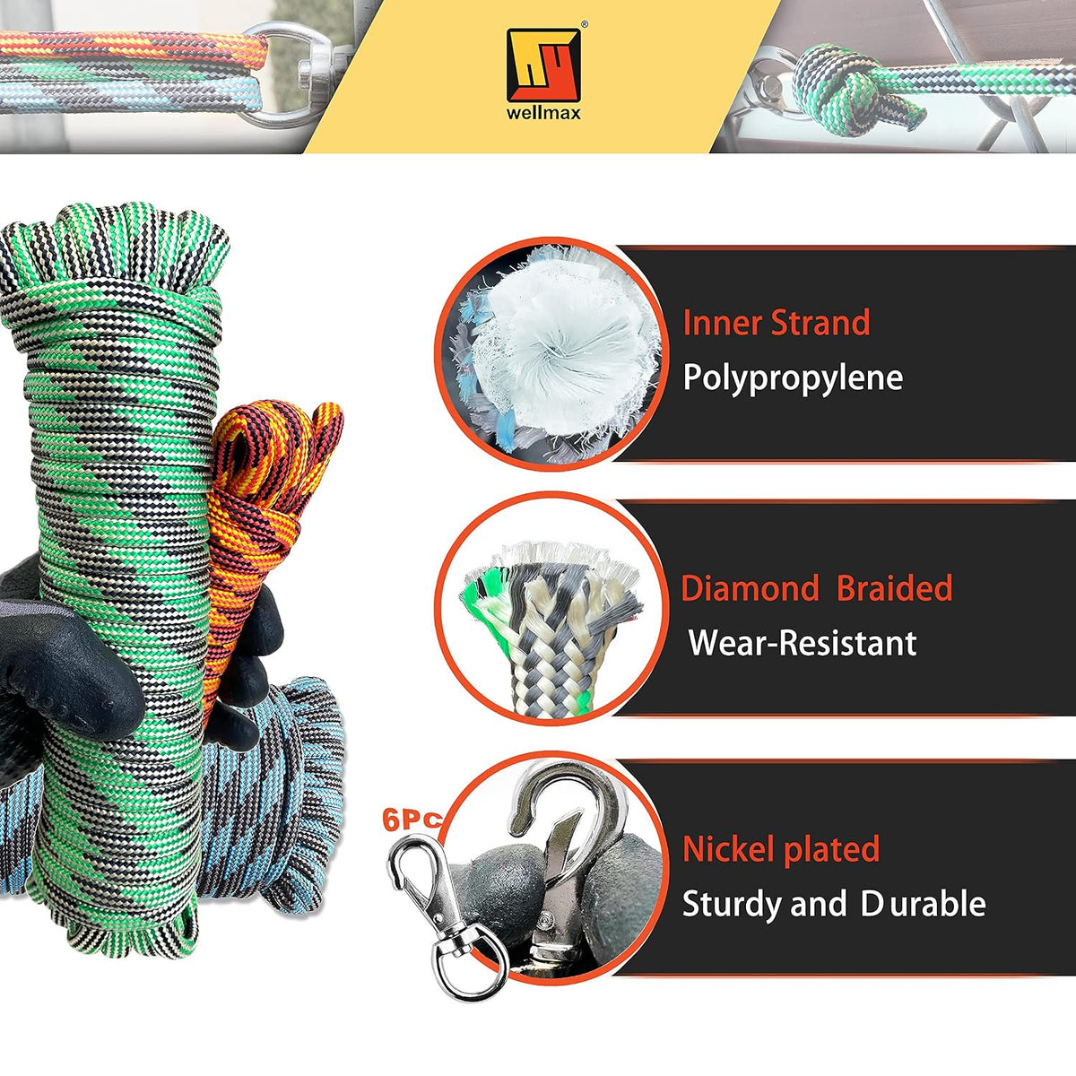 Wellmax Diamond Braided Polypropylene Rope with UV Treatment and Weather Resistant, 4 Pack 3/16 inch x 50ft Multi-Color