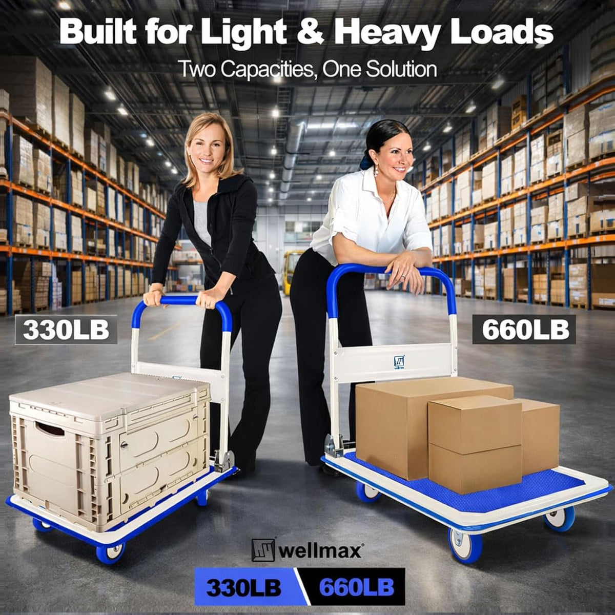 Push Cart Dolly by Wellmax, Moving Platform Hand Truck, Foldable for Easy Storage and 360 Degree Swivel Wheels with 660lb Weight Capacity, Yellow Color