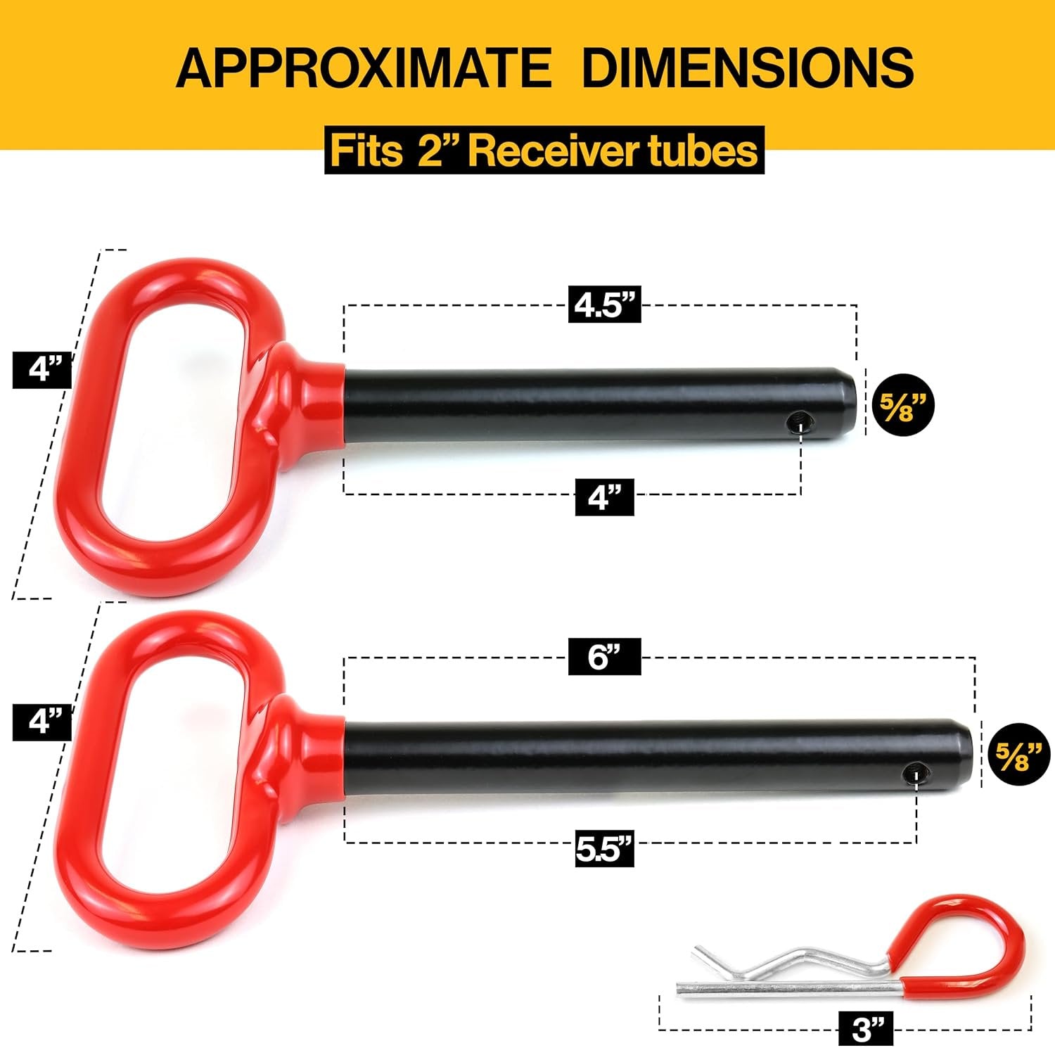 Wellmax 2PC 5/8" Diameter Trailer Hitch Pin Set - 4" and 5-1/2" Shank, with 4 Clips and Rubber-Coated Vinyl Grip, Zinc-Plated, fits 2" Receivers