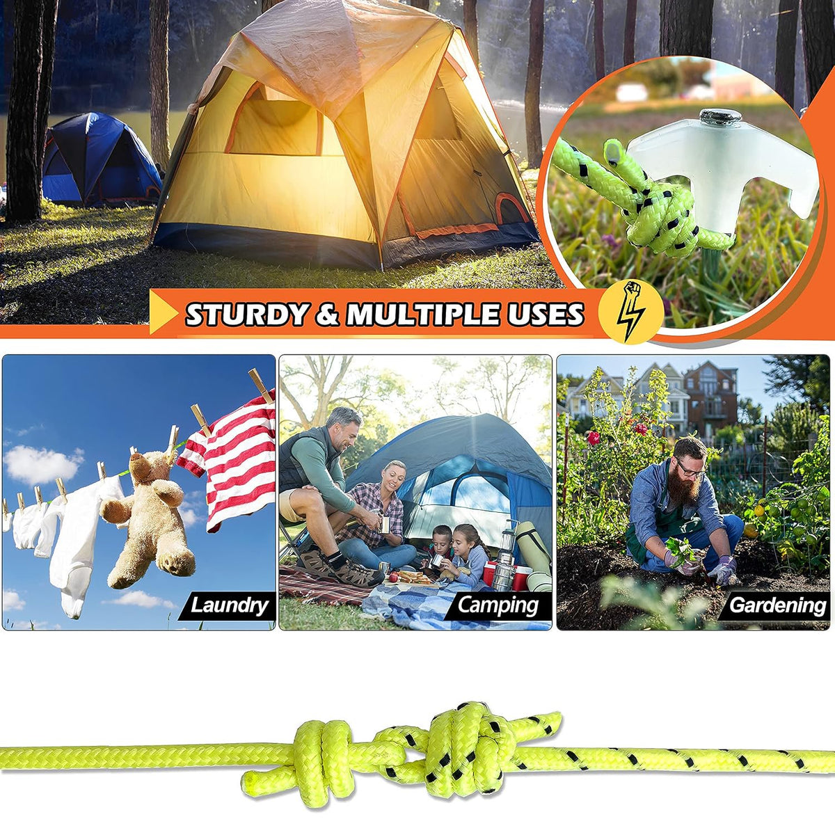 Wellmax 10PC Heavy Duty Tent Stakes with 2PC Glow in Dark Rope 3/16" x50ft and 1/4" x50ft (Black)