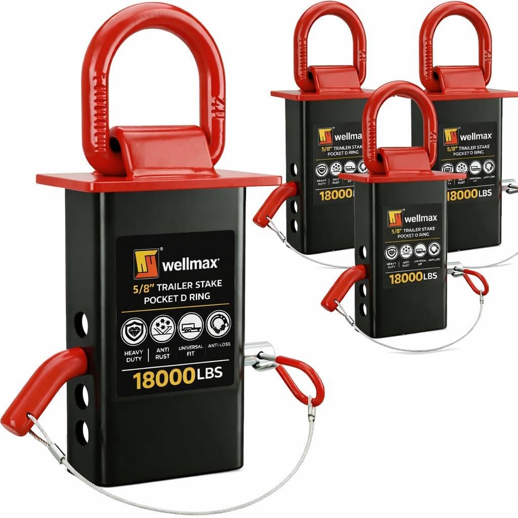Wellmax 4-Pack Stake Pocket D Rings - Heavy Duty 5/8" Trailer Tie Down Anchors for Utility & Flatbed Trailers - 18,000 LBS Break Strength Removable D Ring with Hitch Pins & Anti-Loss Wire