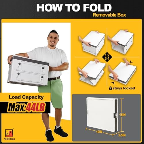 Wellmax Collapsible Storage Bin with Lid - 44LB Stackable Foldable Crate for Groceries, Office & Car Trunk Organizing