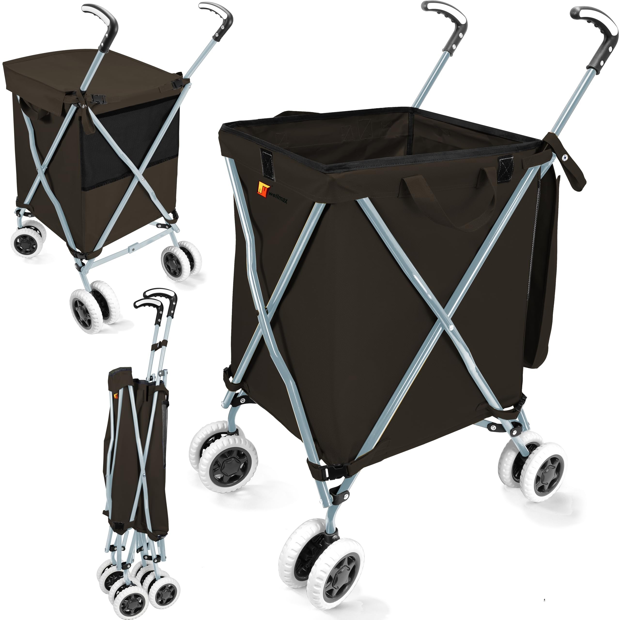 Wellmax WM99100 Series Folding Shopping Cart with Wheels, Grocery Cart with Removable Canvas with Cover, Lightweight Utility Cart for Groceries and Laundry - Holds up to 120 lbs (Orange)