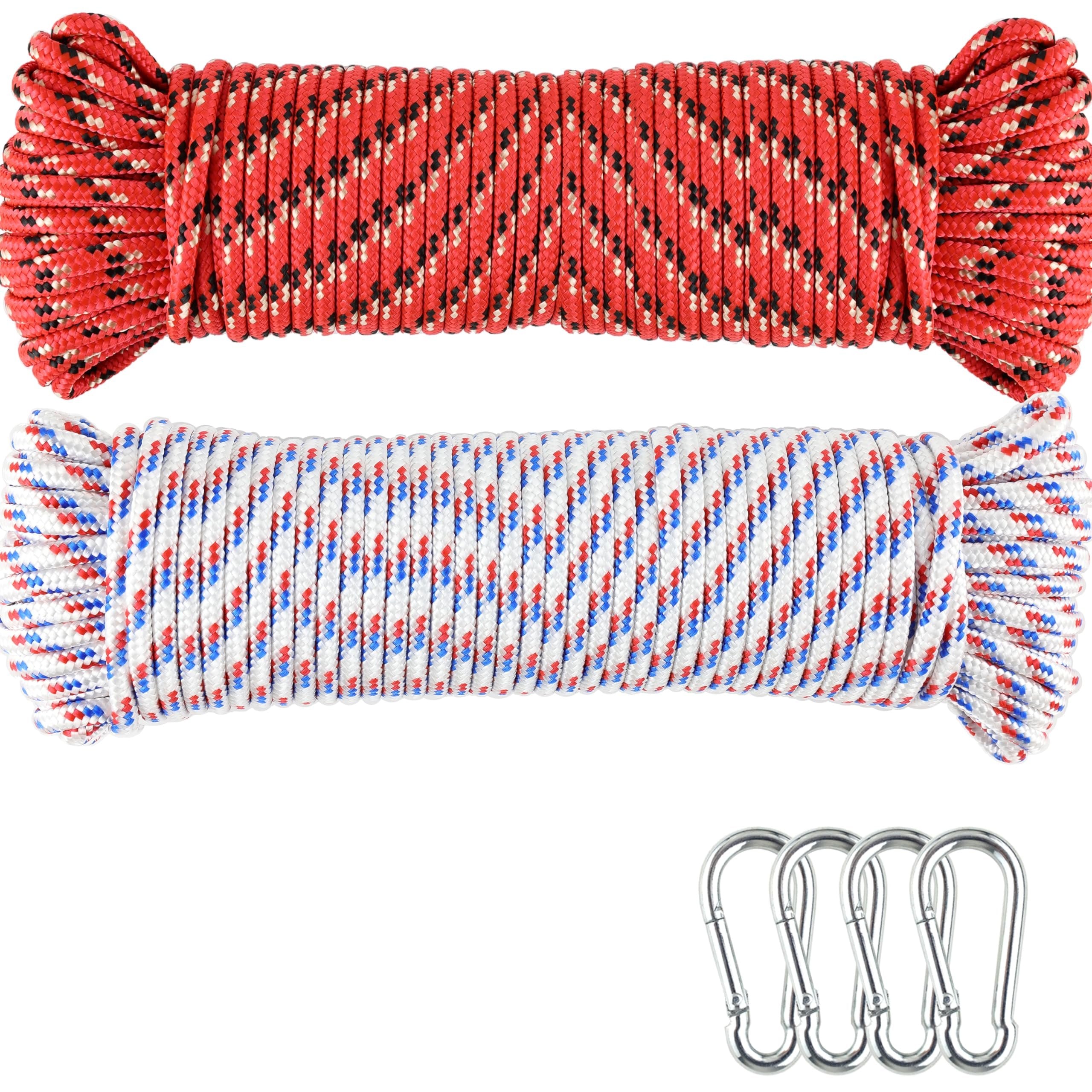 Wellmax Diamond Braided Polypropylene Rope with UV Treatment and Weather Resistant, 4 Pack 3/16 inch x 50ft Multi-Color and 8 Bonus Spring Links