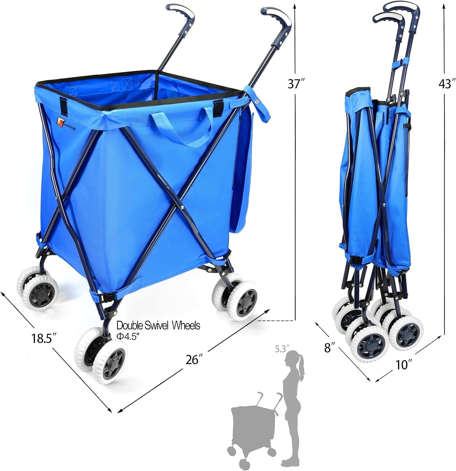 Wellmax WM99100 Series Folding Shopping Cart with Wheels, Grocery Cart with Removable Canvas with Cover, Lightweight Utility Cart for Groceries and Laundry - Holds up to 120 lbs