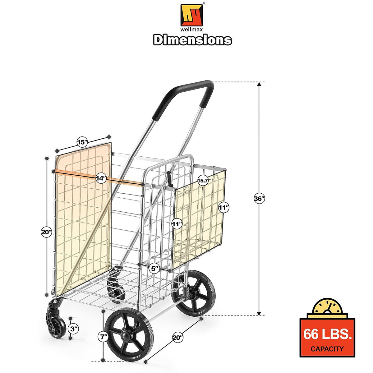 Wellmax Metal Grocery Shopping Cart with Wheels for Groceries, Folding Cart for Convenient Storage and Holds Up to 66lbs, Dual Swivel Wheels and Extra Basket, Silver