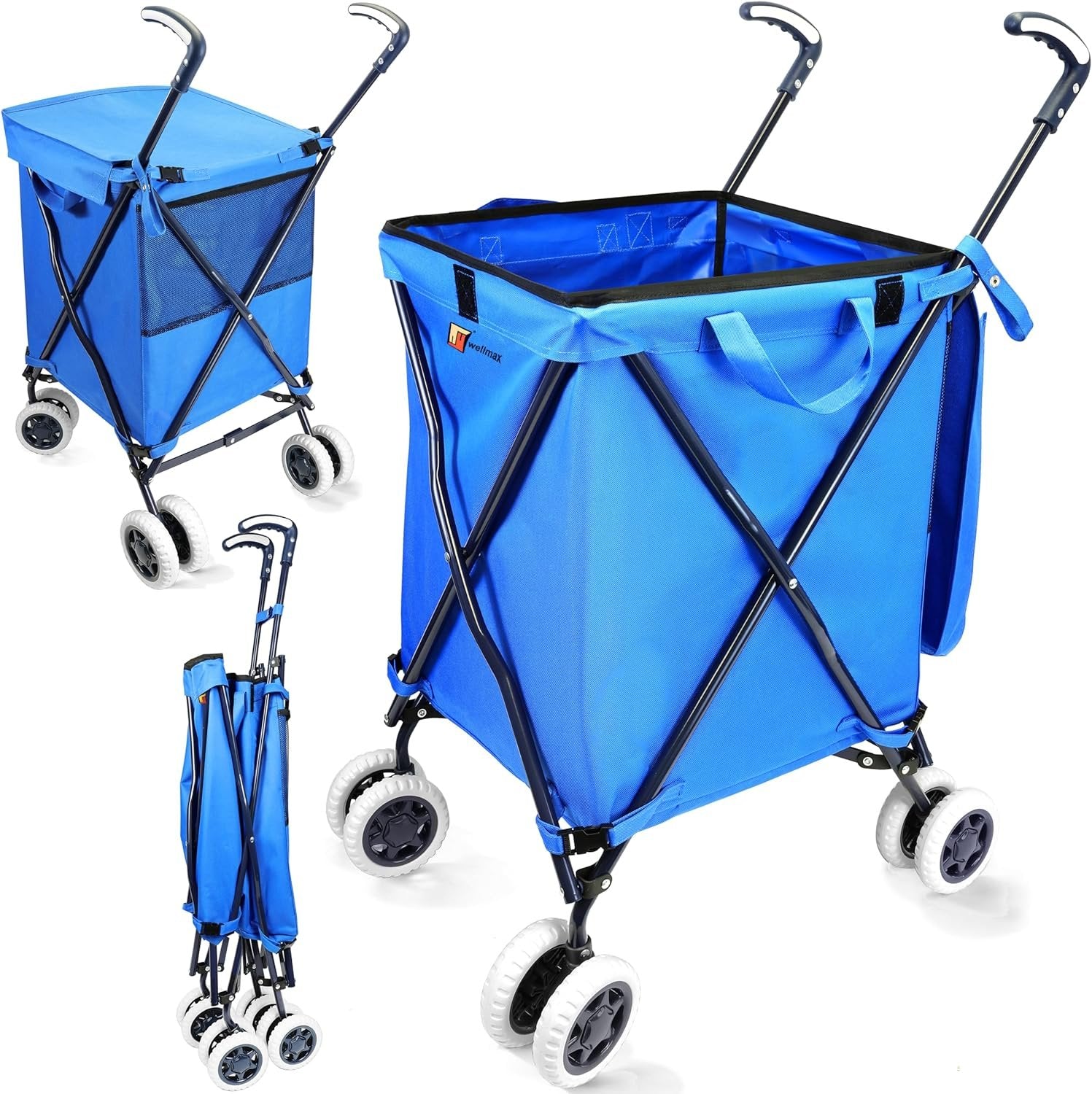 Wellmax WM99100 Series Folding Shopping Cart with Wheels, Grocery Cart with Removable Canvas with Cover, Lightweight Utility Cart for Groceries and Laundry - Holds up to 120 lbs