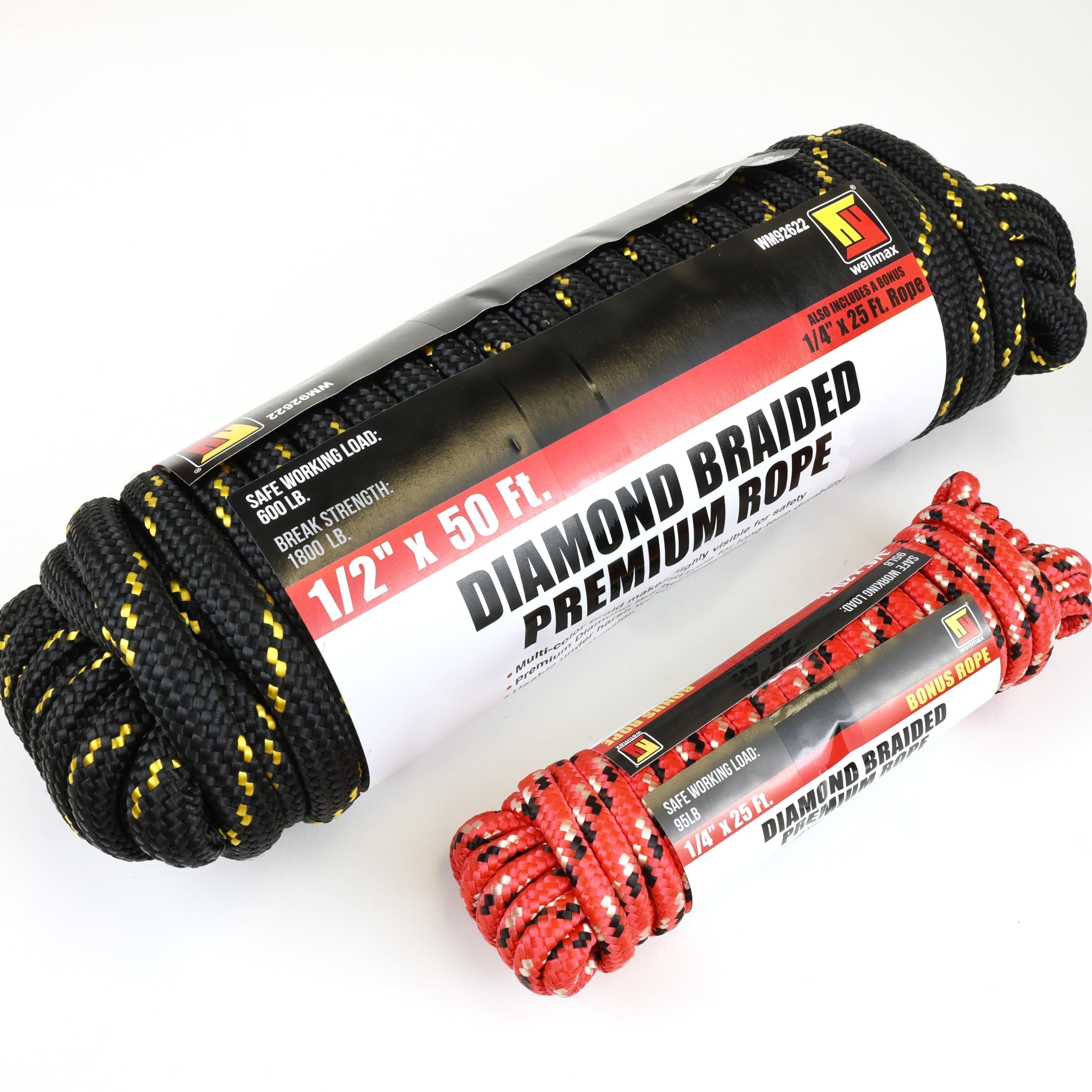 Wellmax Diamond Braid Nylon Rope, 1/2 in X 50 Foot with UV Protection and Weather Resistance, Red and White