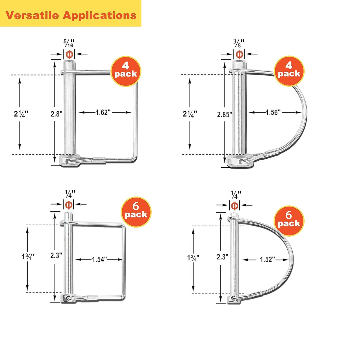 Wellmax 20 Pcs Shaft Locking Pin in 1/4", 5/16" and 3/8" Diameter Zinc-Plated Heavy Duty Safety Pins, Trailer Hitch Pin for Trailer Lock and Hitch Pin Lock for Farm Lawn Garden Wagons, Silver Color