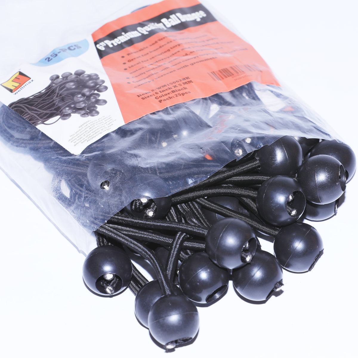 Wellmax WM15062BK 6 inch black ball bungee cords, 25 piece pack