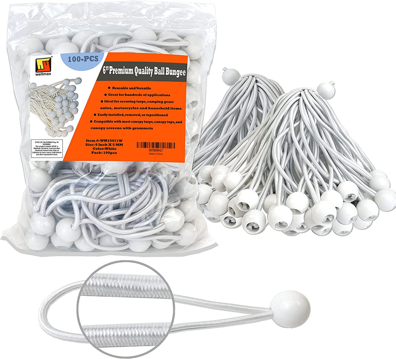 6 inch 50 Piece Heavy Duty 5mm Ball Bungee Canopy Cord By Wellmax, White Color