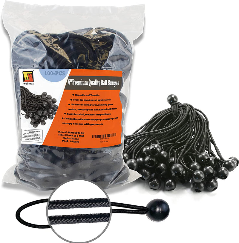 6 inch 50 Piece Heavy Duty 5mm Ball Bungee Canopy Cord By Wellmax, Black Color