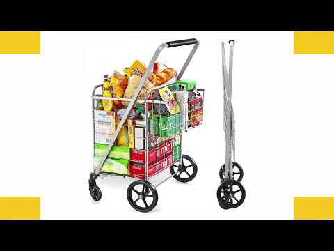 Wellmax Shopping Cart with Wheels, Metal Grocery Cart with Wheels, Shopping Carts For Groceries, Folding Cart For Convenient Storage And Holds Up To 160lbs, Dual Swivel Wheels and Extra Basket, Silver