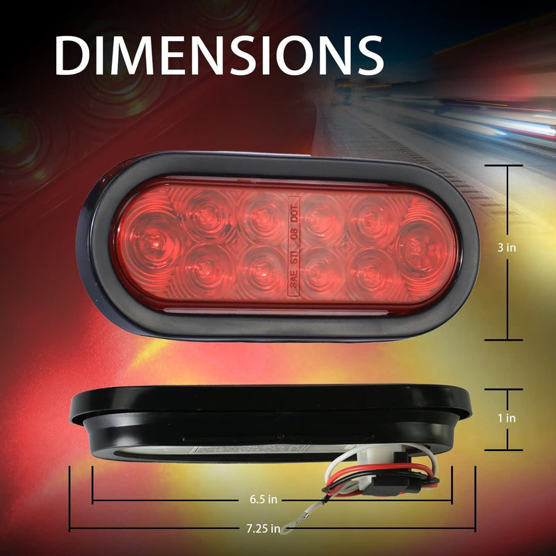 Wellmax 6 inch Oval Trailer Tail Lights, 2PC Red Oval Taillights Kit with 10 Diodes of Bright LED Power, Waterproof Submersible